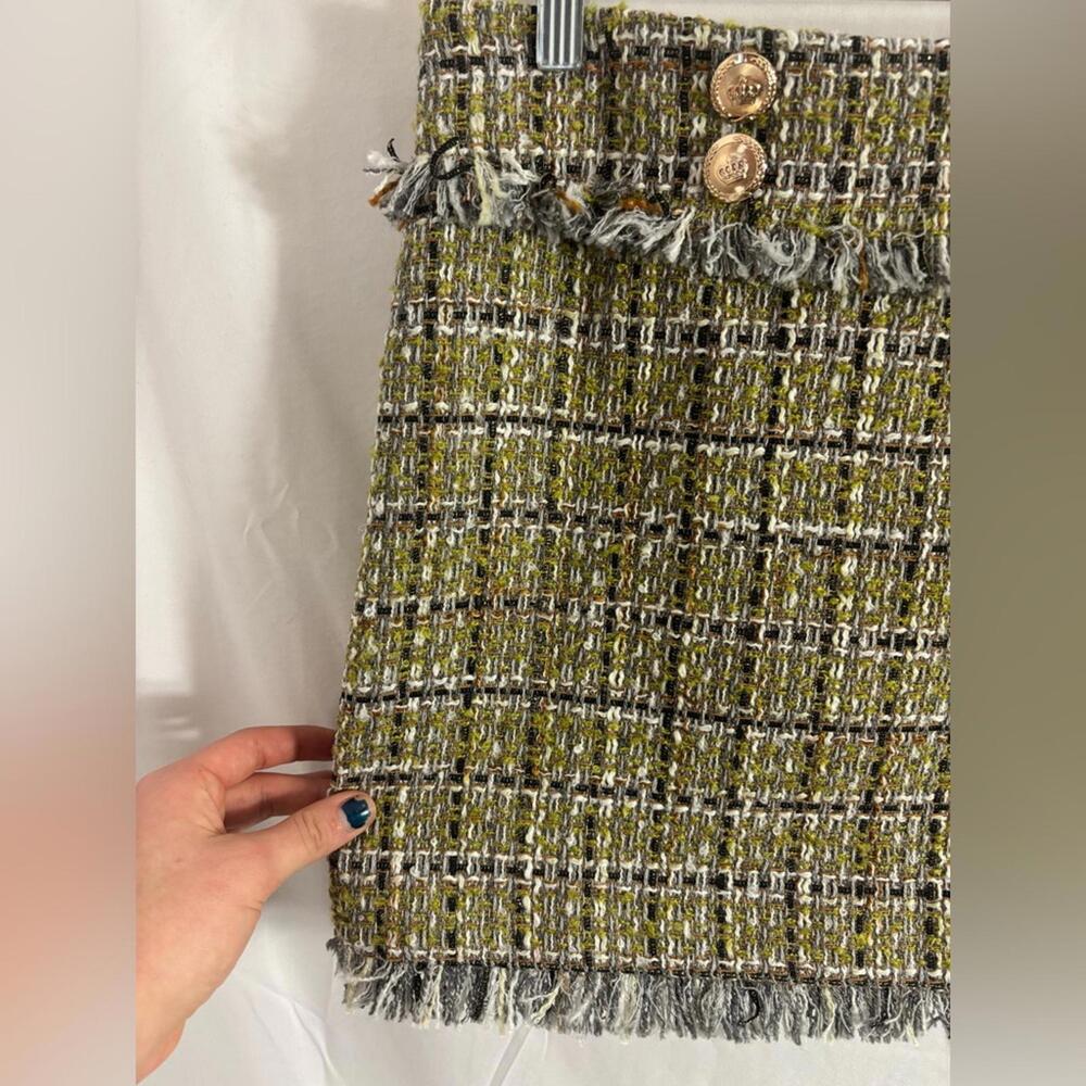 NWT Walter Baker Chartreuse Green Preppy Tweed Fringe Mini Skirt Women’s Size 6 - Picture 10 of 11